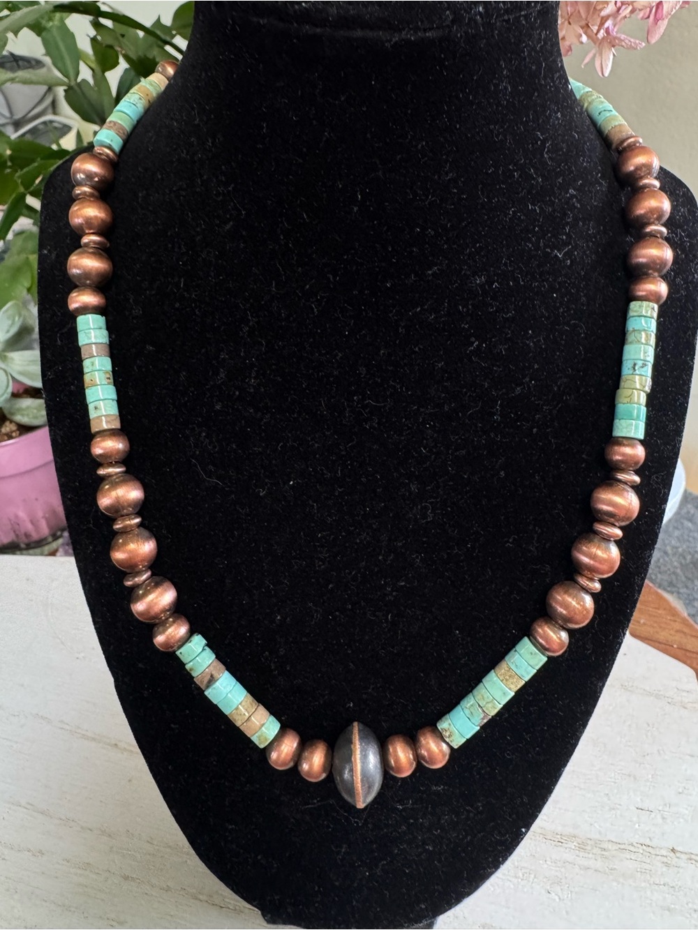 18” Kingman Turquoise and Copper Beaded Necklace - Navajo Inspired